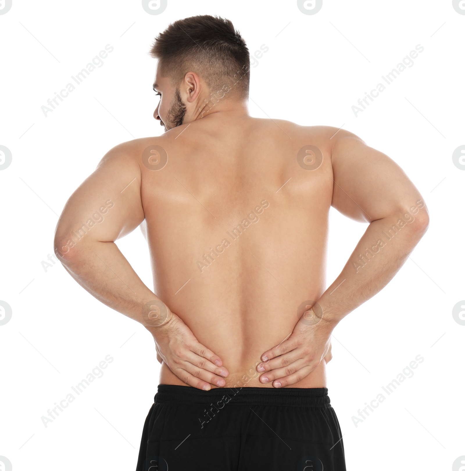 Photo of Man suffering from backache on white background