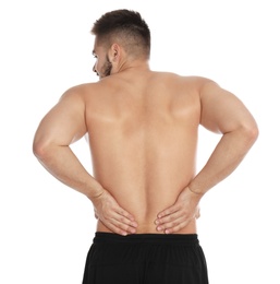 Photo of Man suffering from backache on white background