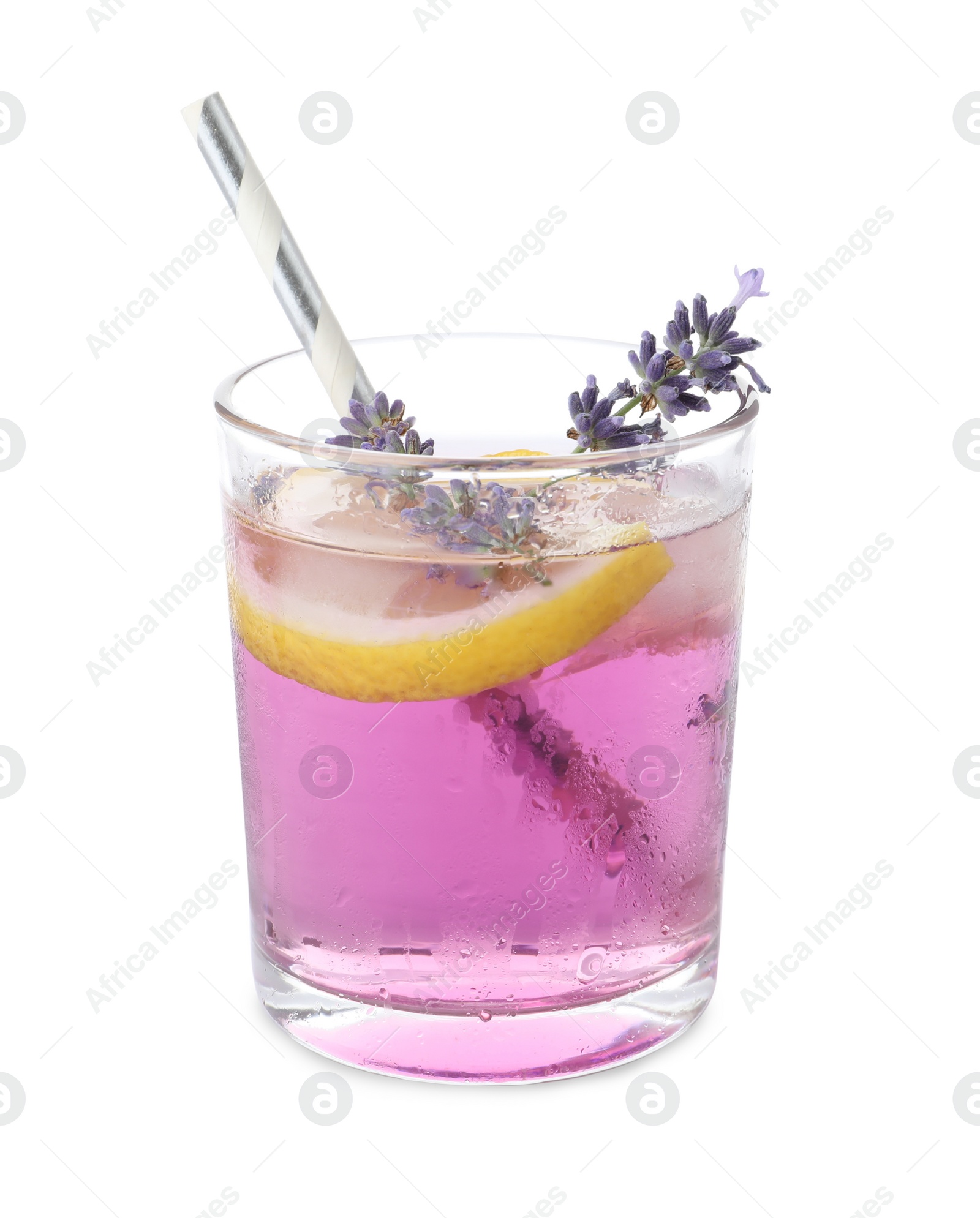 Photo of Fresh delicious lemonade with lavender and straw isolated on white