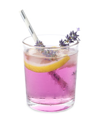 Fresh delicious lemonade with lavender and straw isolated on white