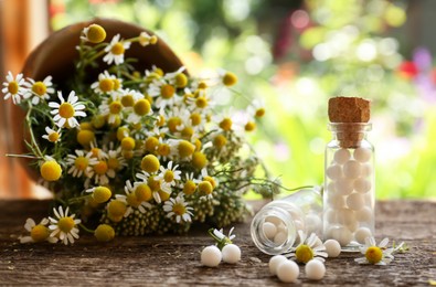 Photo of Bottles of homeopathic remedy and beautiful flowers on wooden table