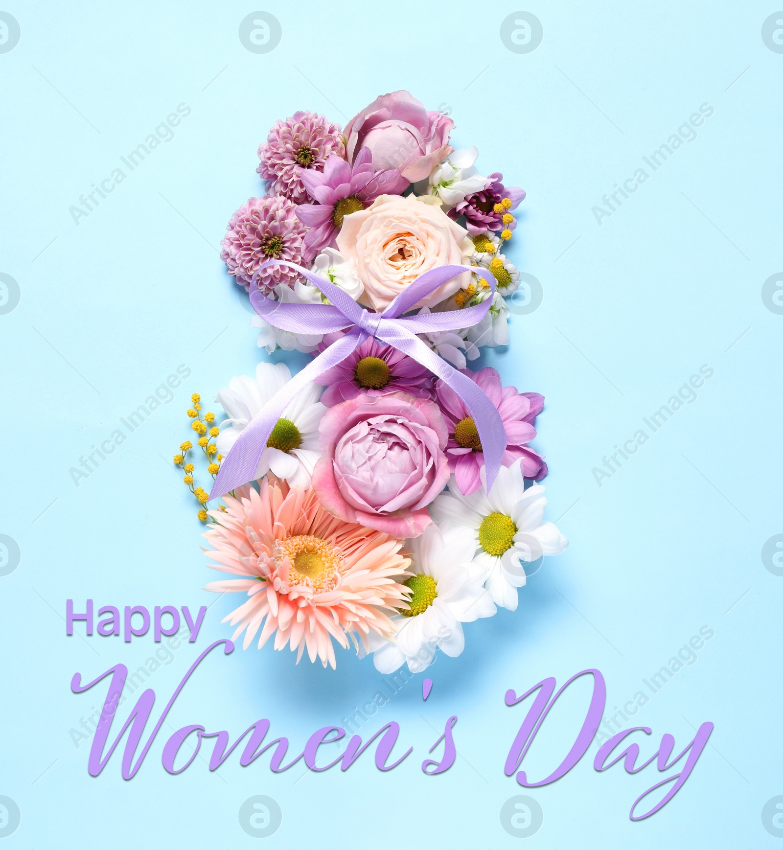 Image of 8 March - Happy International Women's Day. Greeting card design with different flowers on light blue background, top view