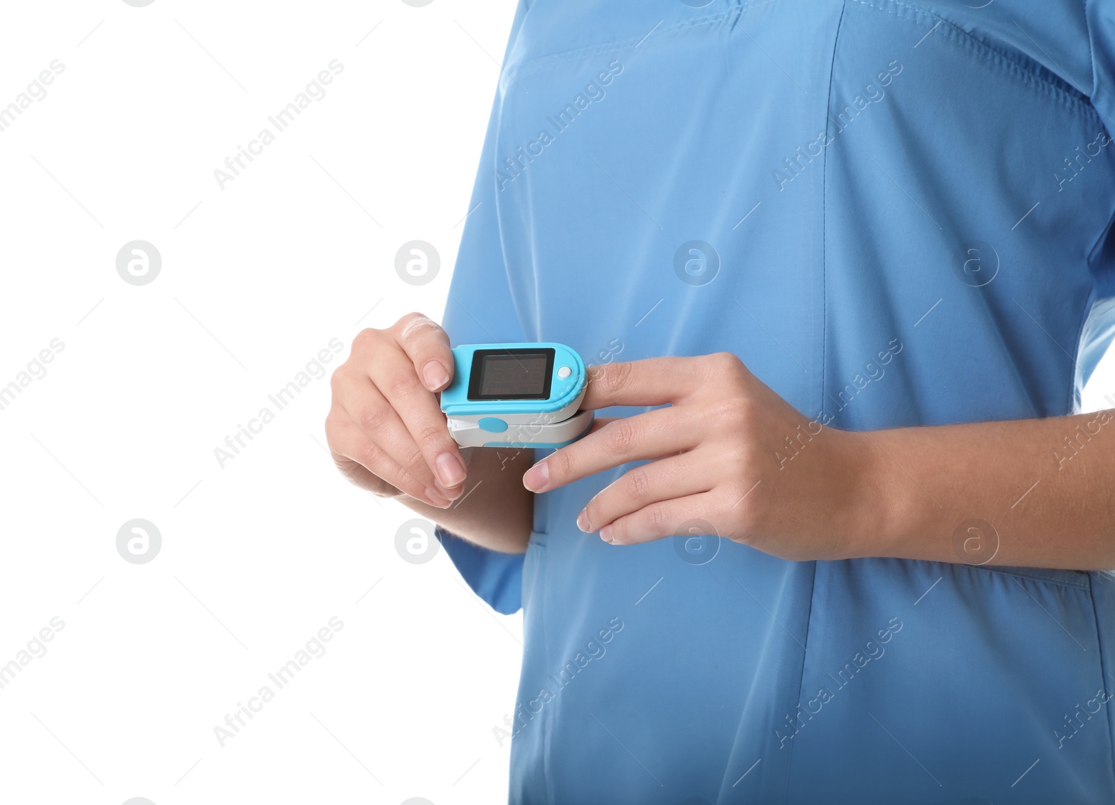 Photo of Female doctor using heart rate monitor on white background, closeup. Medical object