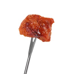 Fondue fork with piece of fried meat isolated on white