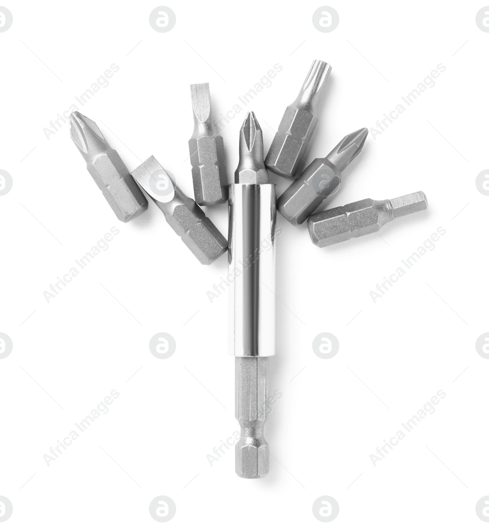 Photo of Many different drill bits isolated on white, top view. Carpenter's tools