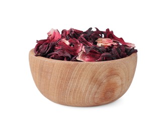 Bowl of dry hibiscus tea isolated on white