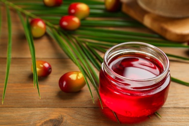 Palm oil in glass jar, tropical leaf and fruits on wooden table. Space for text