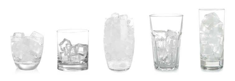 Image of Set of different glasses with ice cubes on white background