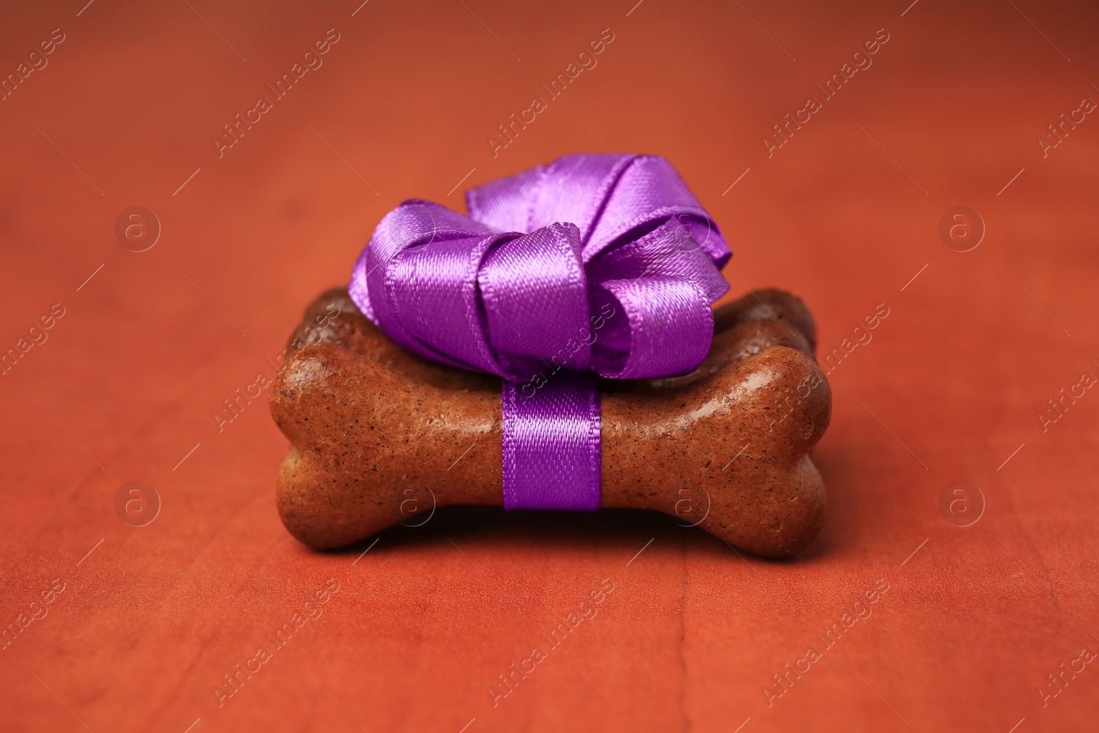 Photo of Bone shaped dog cookies with purple bow on wooden background, closeup
