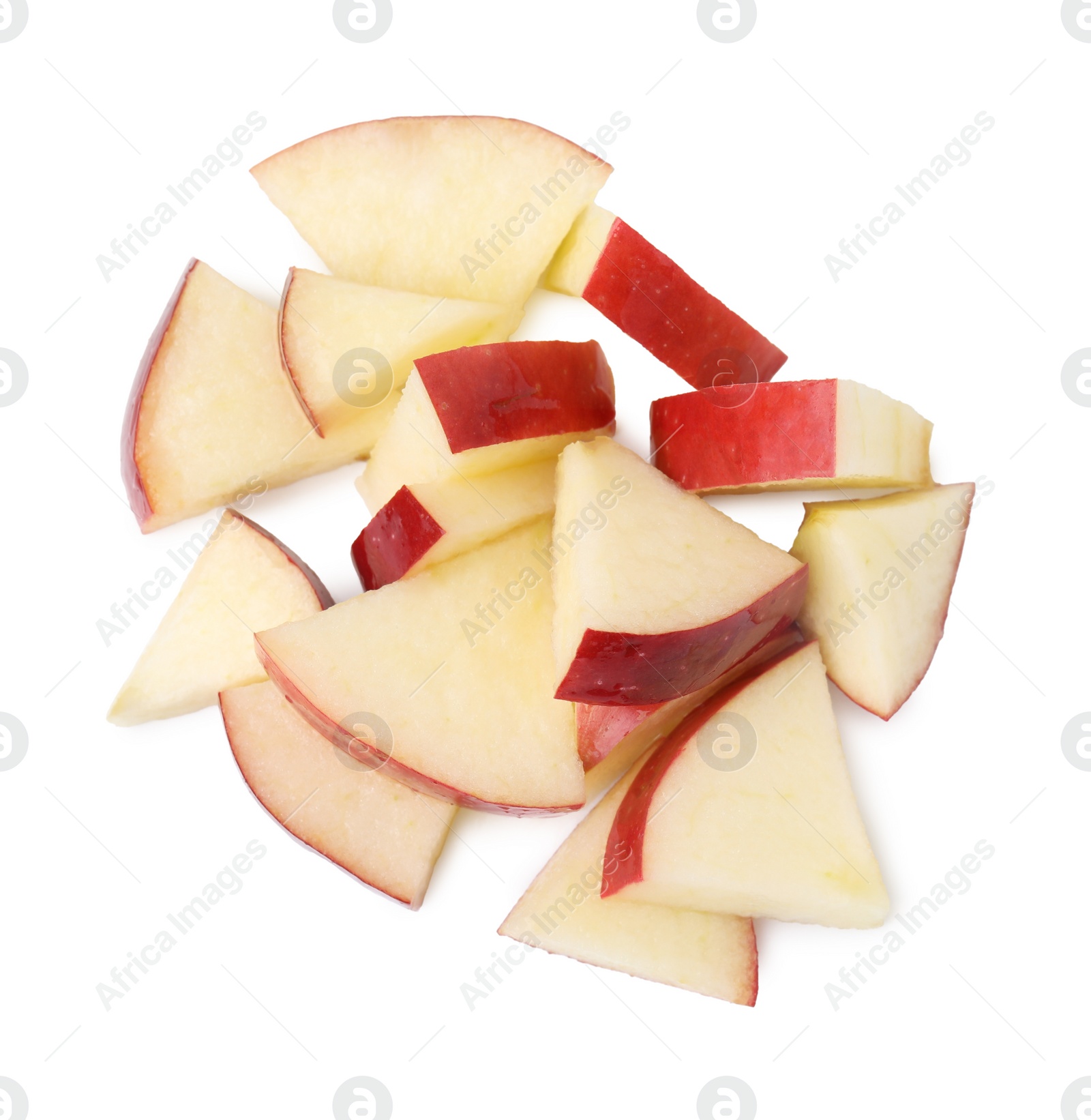 Photo of Pile of apple slices isolated on white, top view