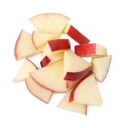 Photo of Pile of apple slices isolated on white, top view