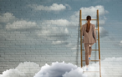 Image of Businesswoman climbing up ladder near brick wall, space for text. Career promotion concept