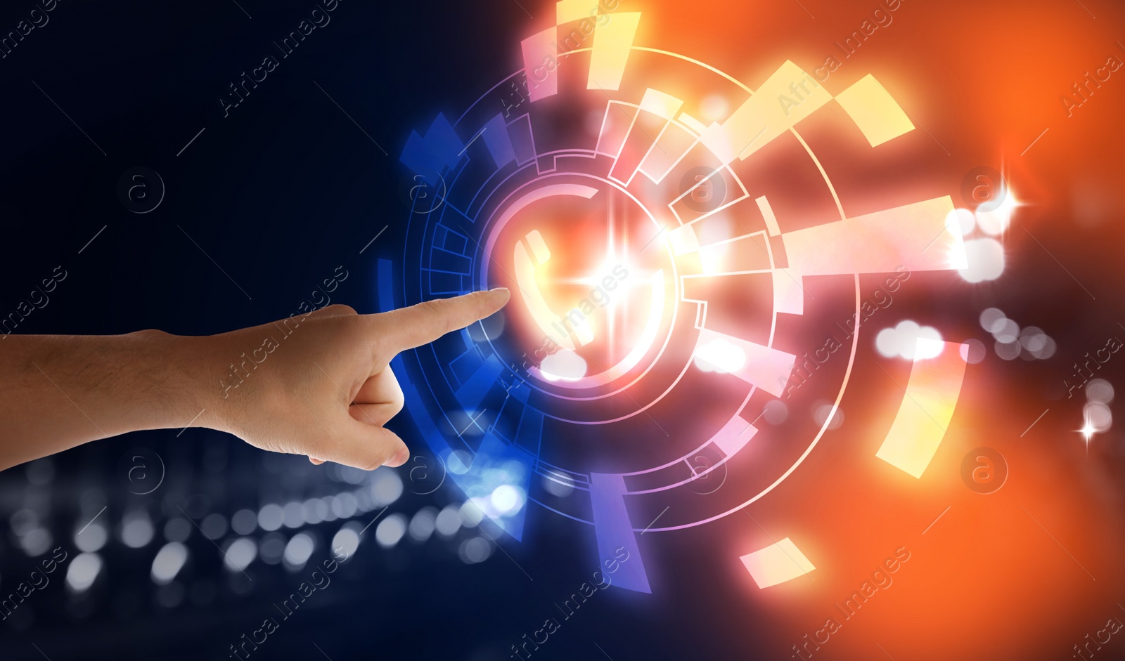 Hotline service. Man pointing at virtual icon with telephone symbol, closeup Image of Hotline service. Man pointing at virtual icon with telephone symbol, closeup