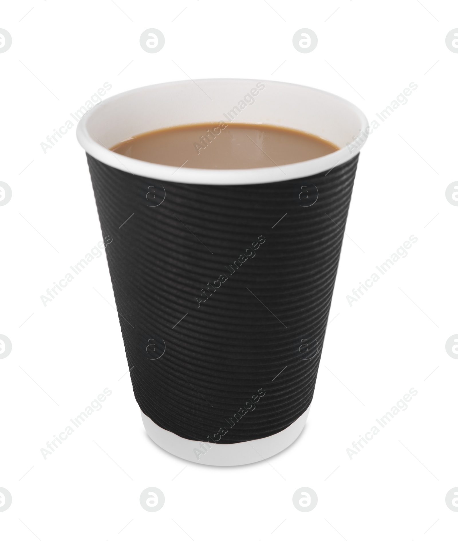 Photo of Black paper cup with hot drink isolated on white. Coffee to go