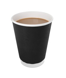 Black paper cup with hot drink isolated on white. Coffee to go