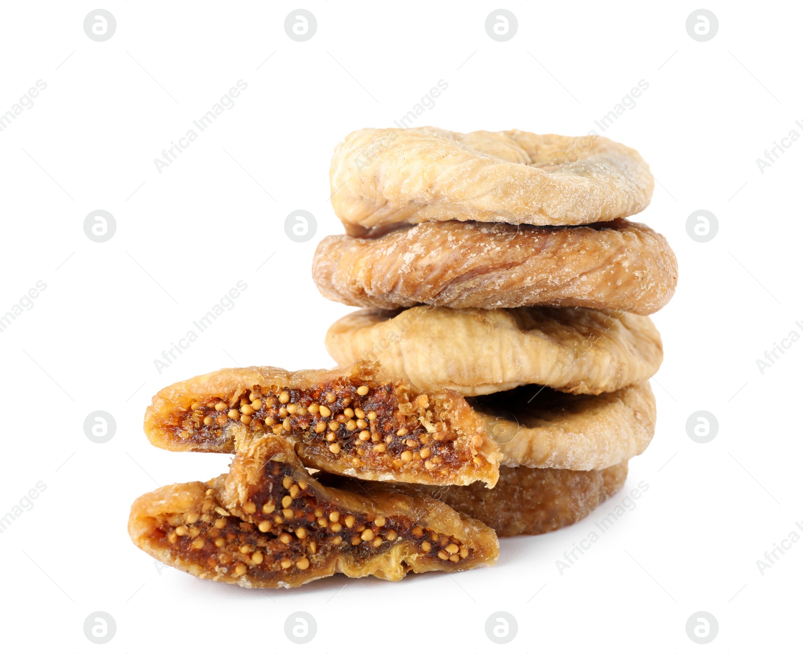 Photo of Pile of tasty dried figs on white background