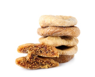 Pile of tasty dried figs on white background