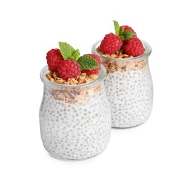 Delicious chia pudding with raspberries and granola on white background