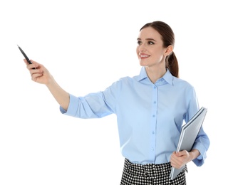 Photo of Portrait of young female teacher on white background