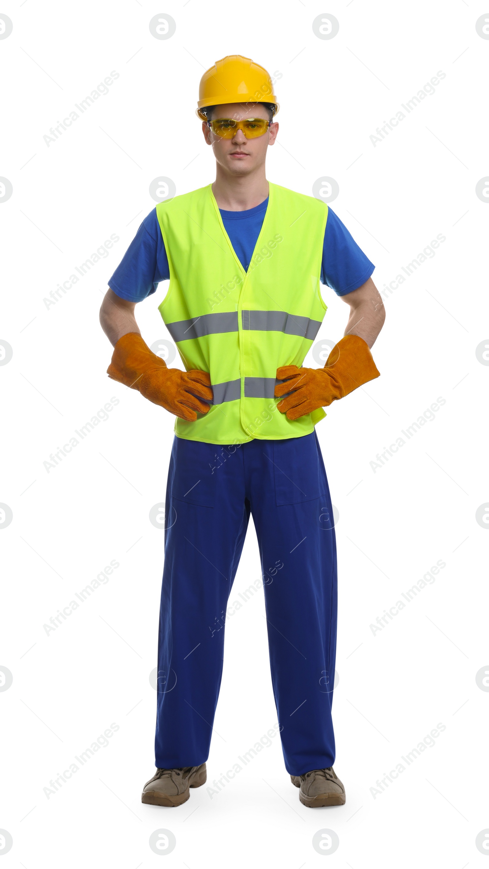 Photo of Young man wearing safety equipment on white background