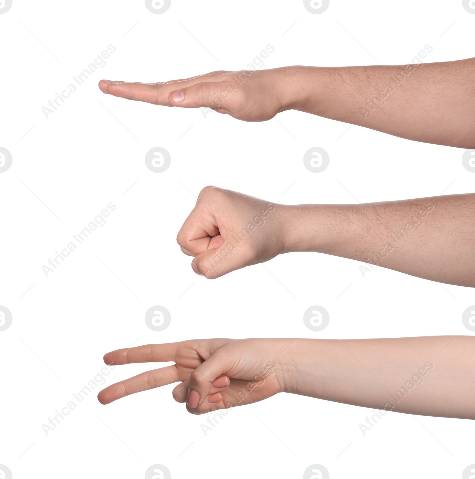 Image of People playing rock, paper and scissors on white background, closeup