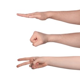 People playing rock, paper and scissors on white background, closeup