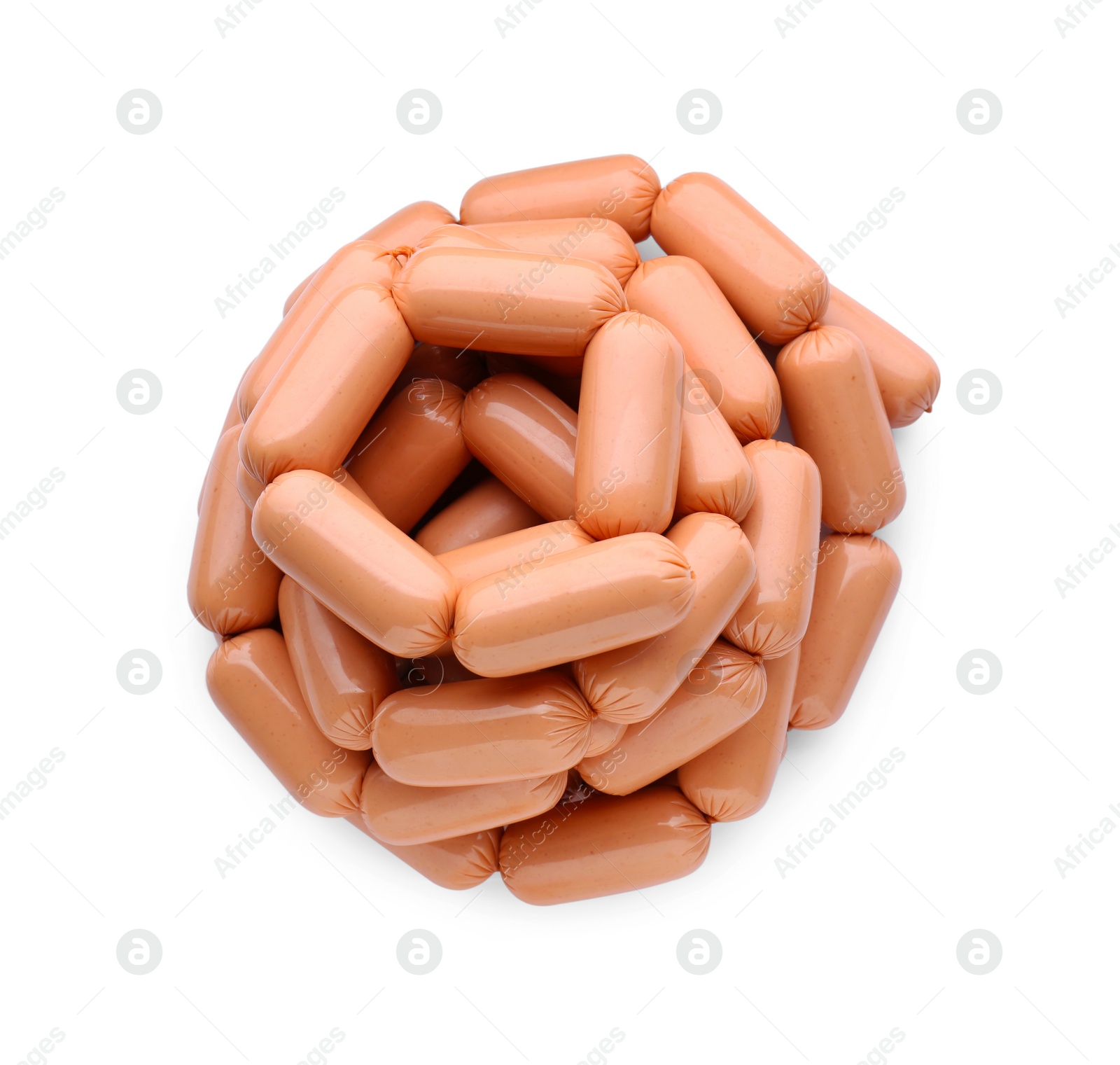 Photo of Many fresh raw sausages isolated on white, top view. Meat product