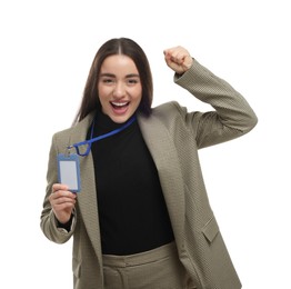 Excited woman with vip pass badge on white background