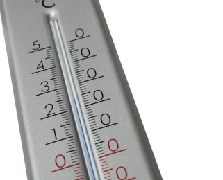 Photo of Modern grey weather thermometer on white background, closeup