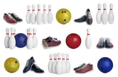 Image of Set of bowling balls, pins and shoes on white background