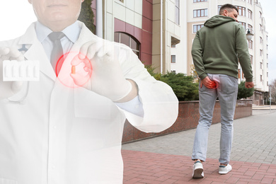 Image of Doctor holding suppositories for hemorrhoid treatment and man suffering from pain outdoors 