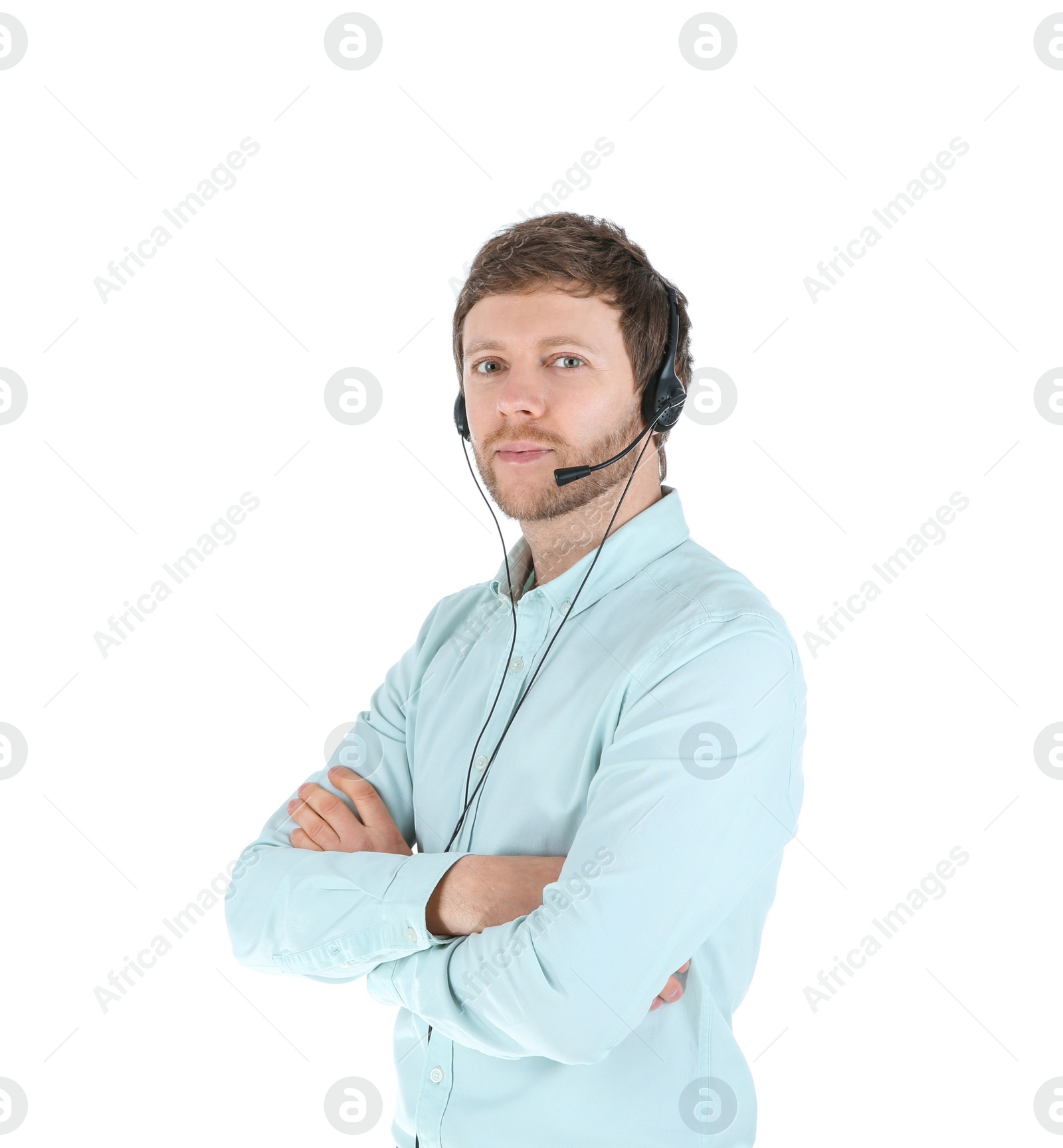 Photo of Male technical support operator with headset isolated on white