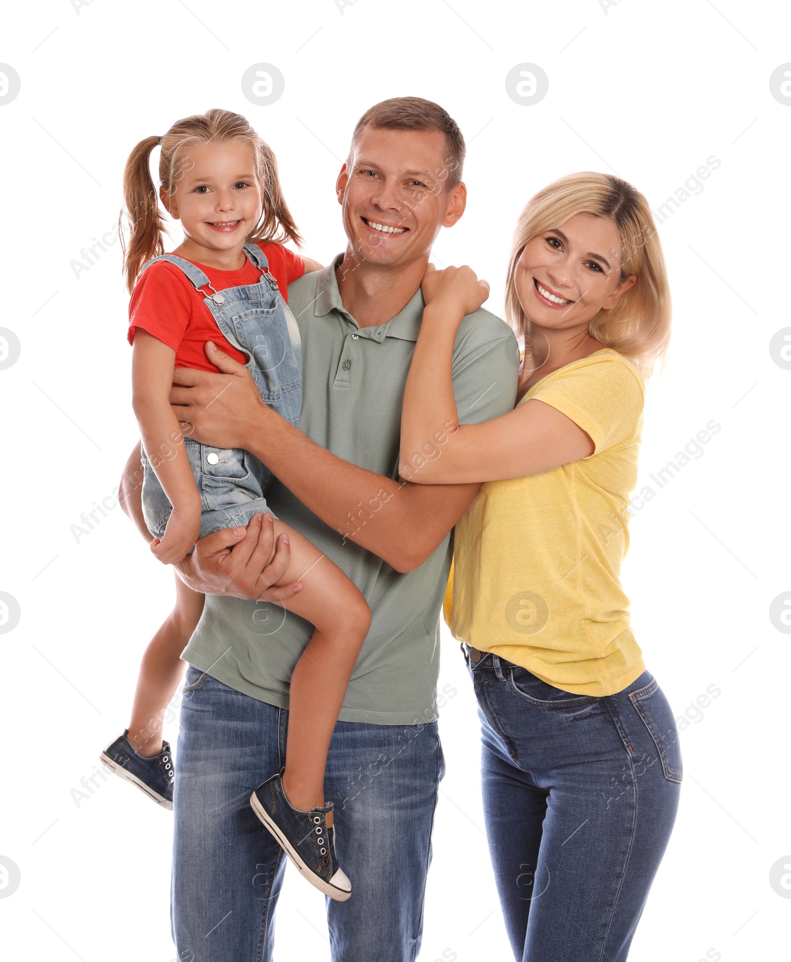 Photo of Happy family with daughter on white background