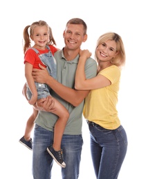 Photo of Happy family with daughter on white background