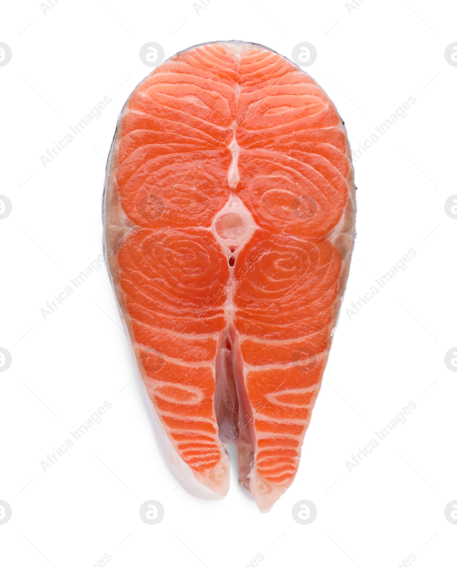 Photo of Fresh raw salmon steak isolated on white, top view