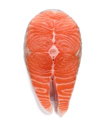 Photo of Fresh raw salmon steak isolated on white, top view