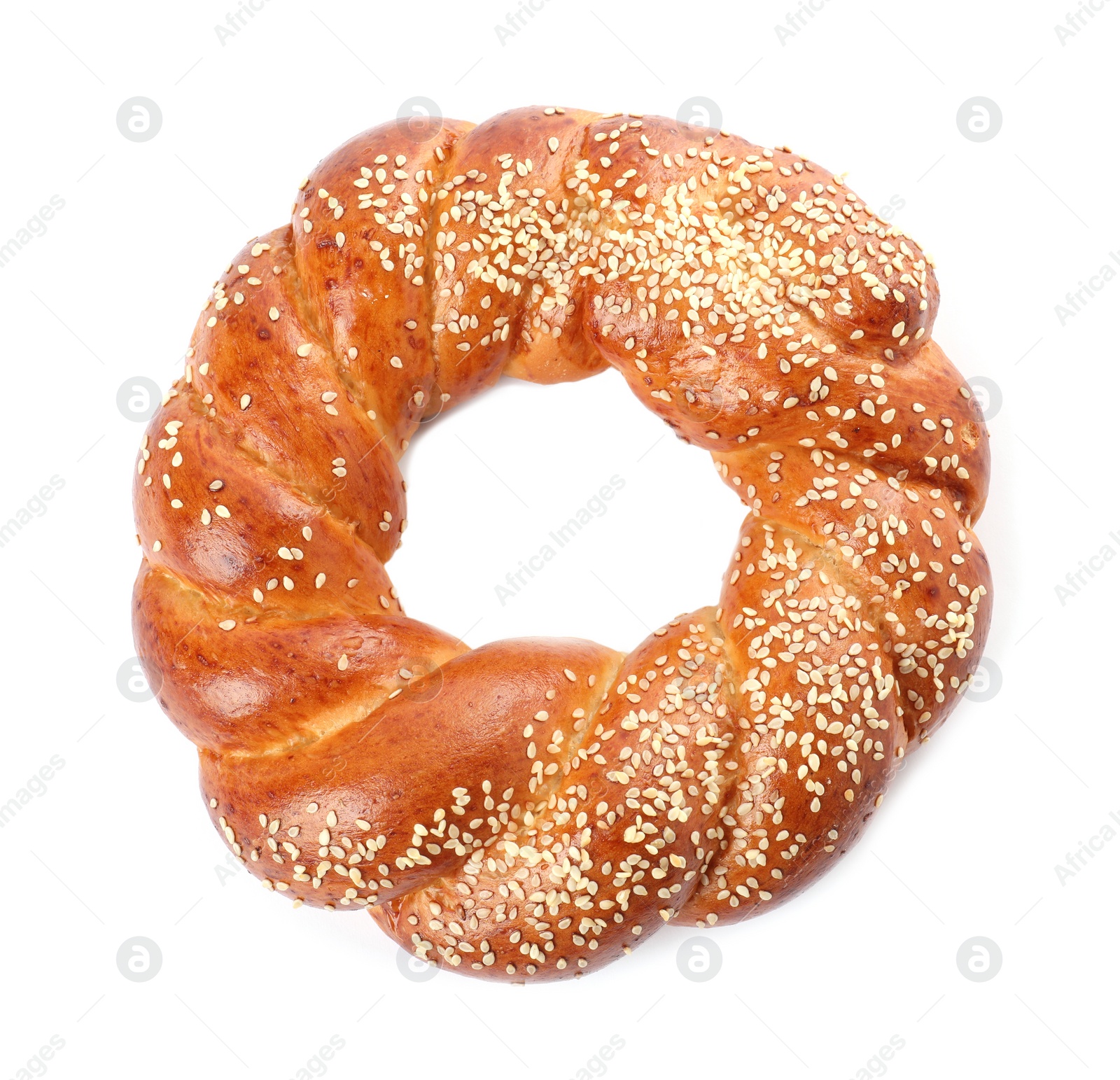 Photo of Round braided bread isolated on white, top view. Fresh pastry