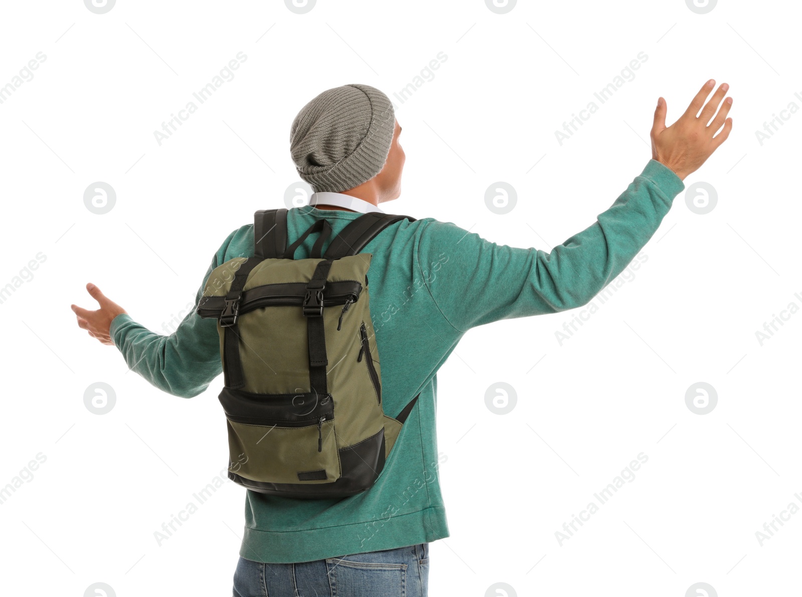 Photo of Man with backpack on white background, back view. Autumn travel