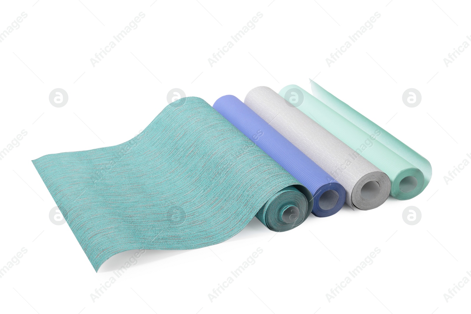 Image of Different colorful wallpaper rolls isolated on white