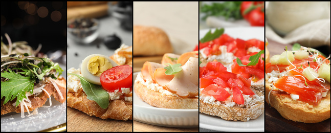 Collage of different tasty bruschettas. Banner design 