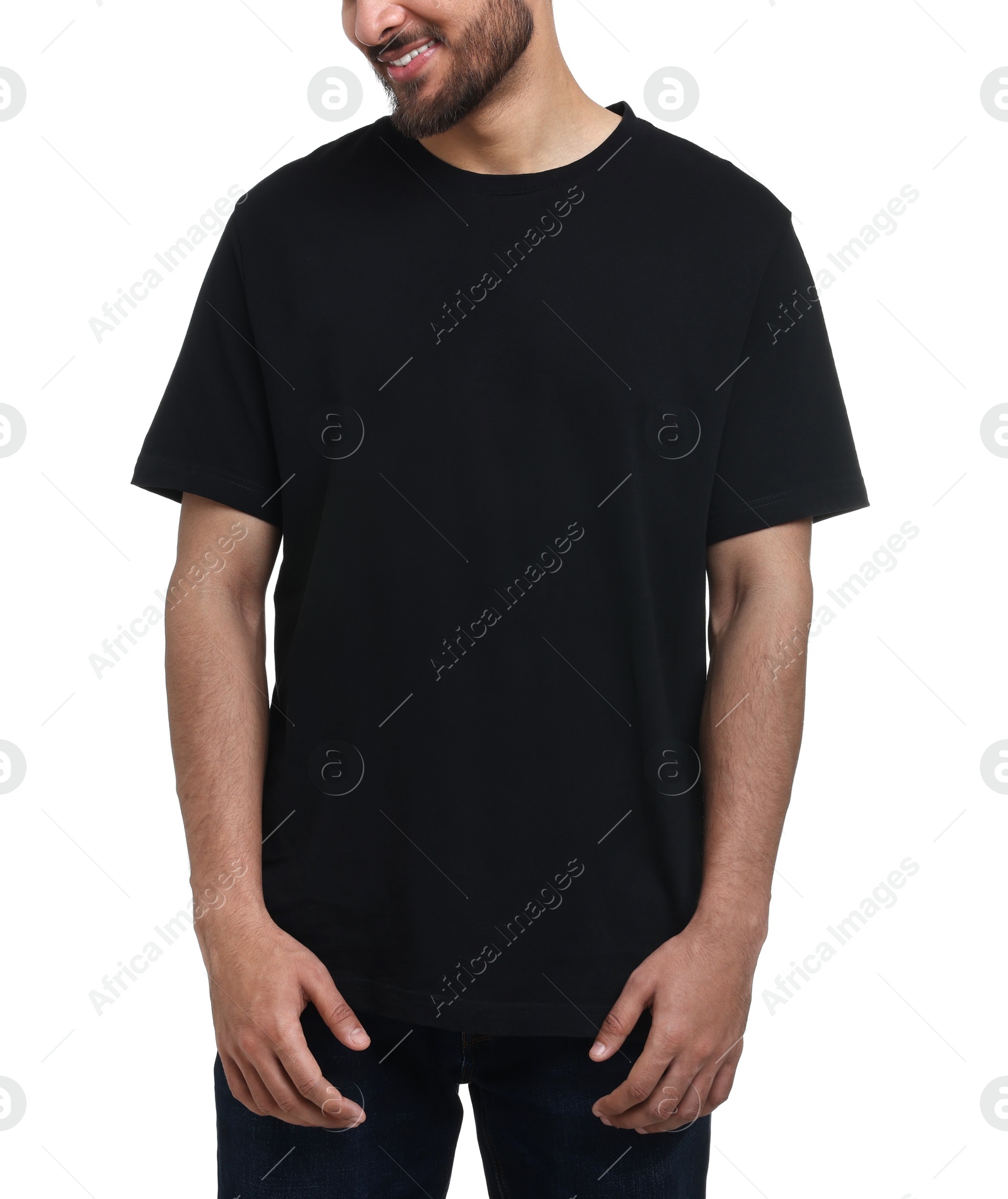 Photo of Smiling man in black t-shirt on white background, closeup