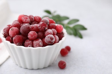 Frozen red cranberries in bowl on light table, closeup. Space for text
