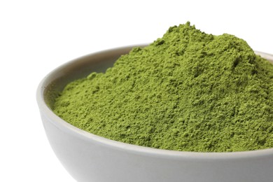 Photo of Green matcha powder in bowl isolated on white