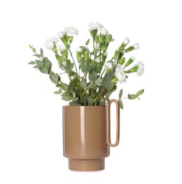 Photo of Stylish ceramic vase with flowers on white background