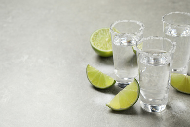 Mexican Tequila shots with salt and lime slices on grey table. Space for text