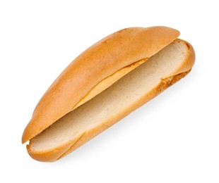 Photo of One fresh hot dog bun isolated on white, top view