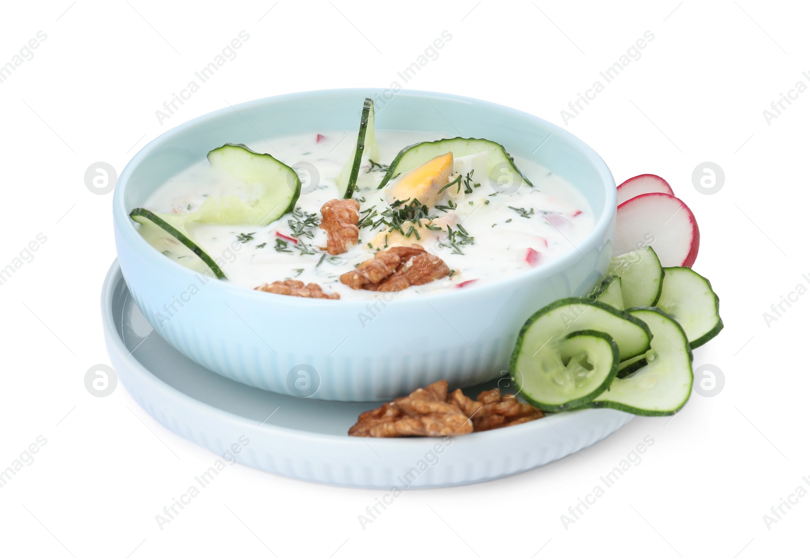 Photo of Delicious cold summer soup on white background