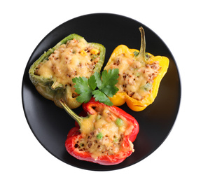 Photo of Tasty stuffed bell peppers isolated on white, top view