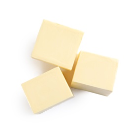 Cut butter on white background, top view