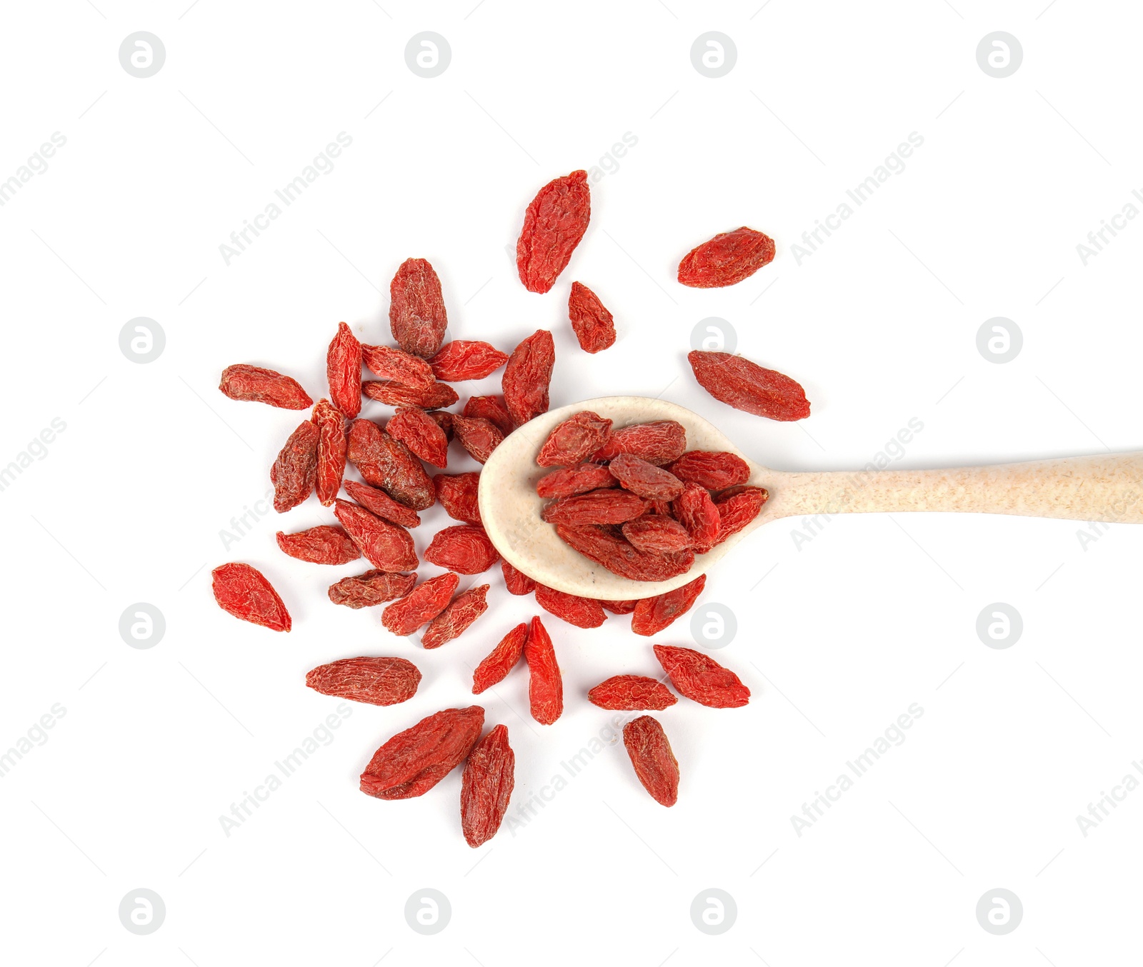 Photo of Spoon of tasty dried goji berries on white background, top view